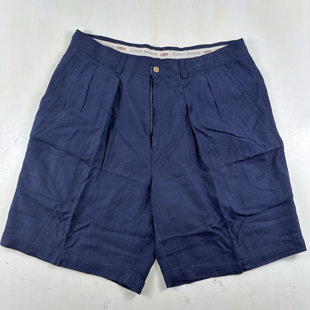 Vtg Tommy Bahama Relax Mens 33 Blue Silk Pleated Casino Deck Shorts Herringbone‎